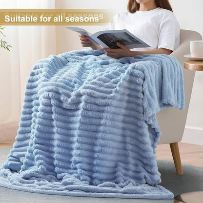 decorUhome Soft Fleece Blue Grey Blanket Queen Size for Bed, Cozy Fluffy Plush Flannel Large Striped Throws for Couch Sofa, Lightweight Decorative Fuzzy Blanket for Woman, 90x90 Inches