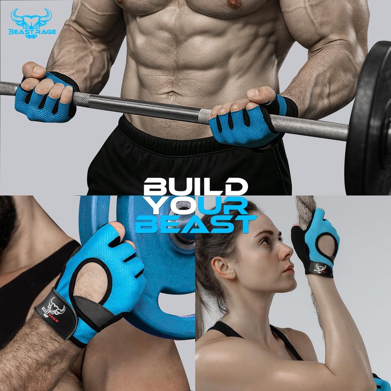 BEAST RAGE Workout Gloves, Men & Women Fingerless Weight Lifting Gym Gloves with Palm Protection, Breathable, Lightweight, Cycling Pull Up (Aqua, S)