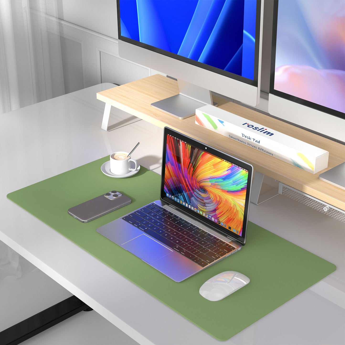 Roslim Leather Desk Pad Protector,Mouse Pad,Non-Slip Computer Mat for Desk,PU Leather Office Desk Mat for Home & Office,Waterproof Laptop Desk Blotter for Keyboard and Mouse,Olive Green ((17''X48'')