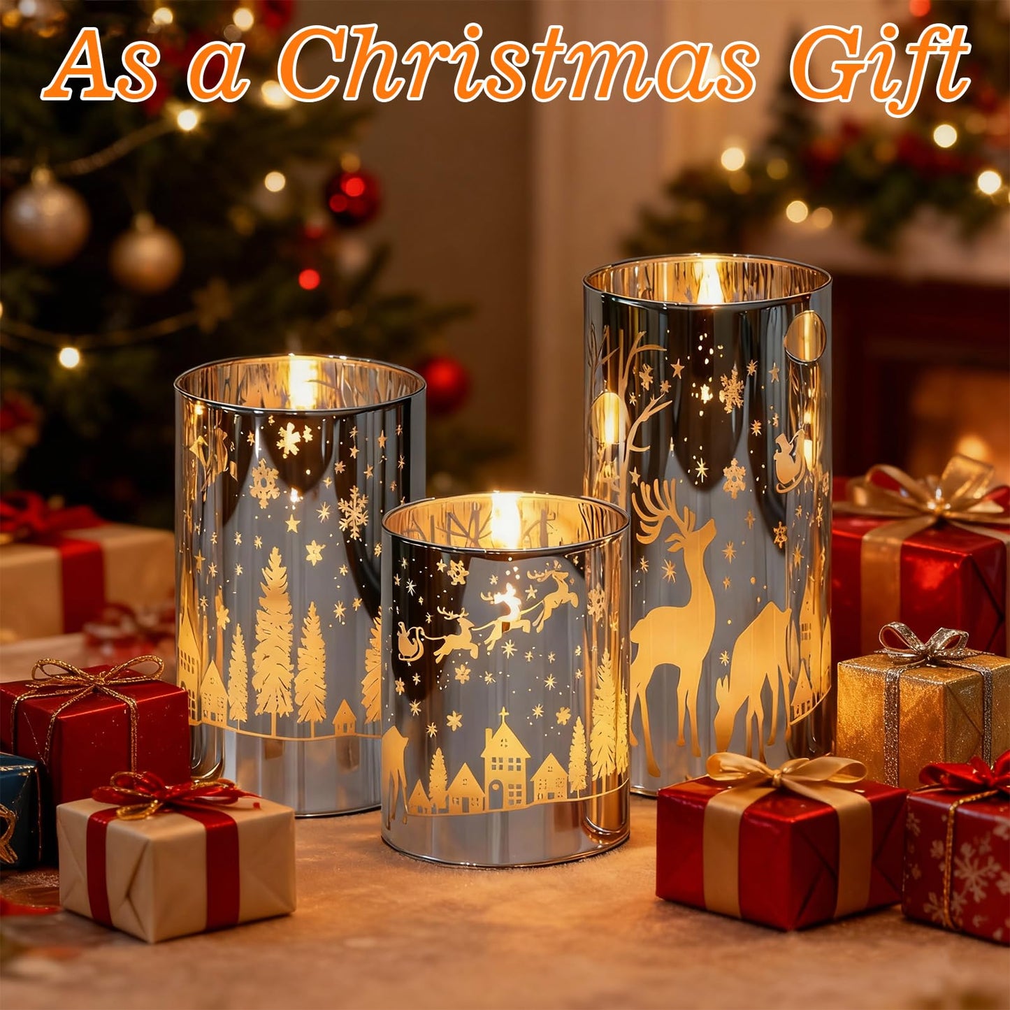 Lasumora Silver Christmas Reindeer Flameless Candles with Remote Timer, Set of 3 LED Candles in Plated Glass Holder, Battery Operated Candles Real Wax for Home Décor Christmas Gifts, D3”x H4” 5” 6”