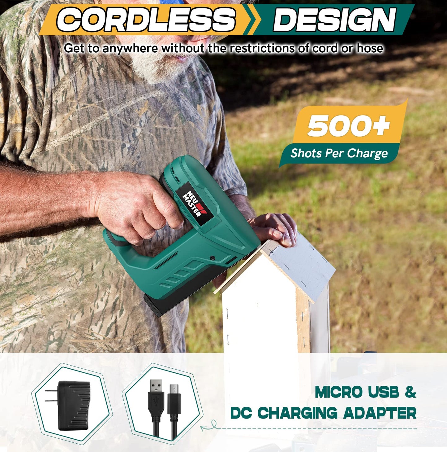 NEU MASTER Electric Staple Gun for Wood - Cordless Stapler Gun with T50 Staples, USB Charger, Heavy Duty Satple Gun for Upholstering, Crafts, DIY, Carpentry, Material Repair