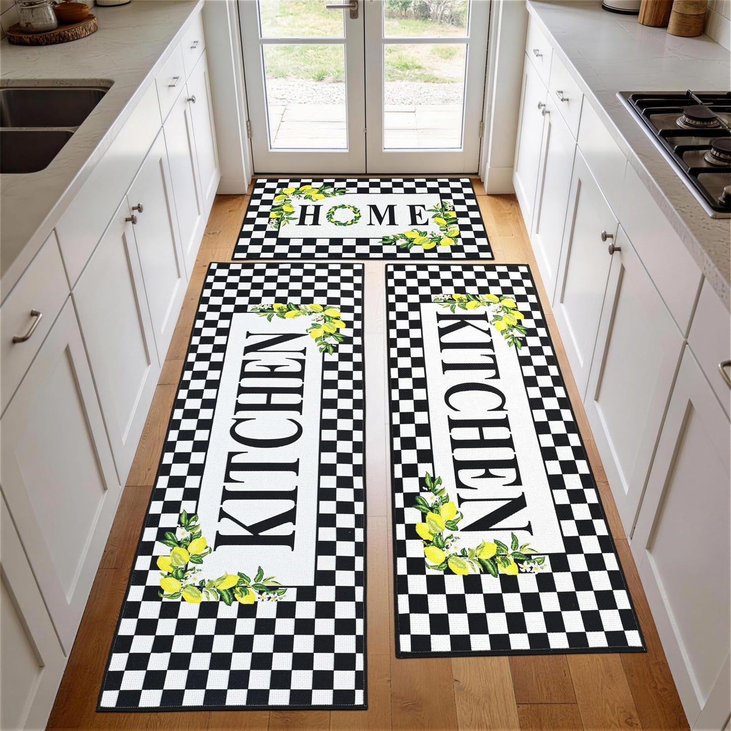 PCSWEET HOME Black and White Checkered Kitchen Rugs Washable Non Slip Lemon Kitchen Rugs Set of 3 Checkered Door Mat Indoor