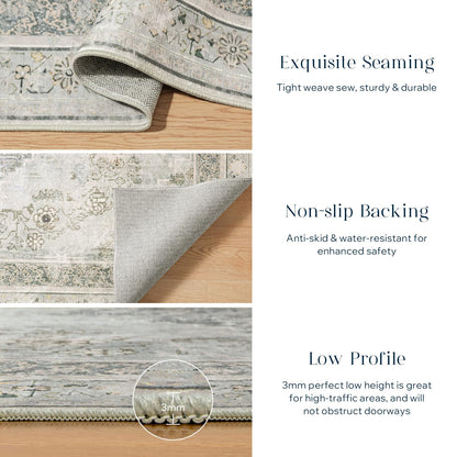 Phantoscope Washable Area Rug 6'x9' Non-Slip, Vintage Neutral Rugs for Living Room, Bedroom, Dining Room, Distressed Boho Medallion Pattern, Low-Pile Foldable Floor Carpet, Silver Grey/Taupe