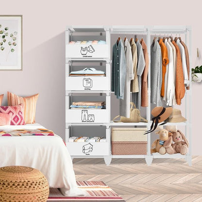 Portable Closet, Easy Assembly, Large Capacity Wardrobe Closet, Sturdy and Stable Clothes Rack with Shelves 4 Storage Baskets and 2 Hanging Rods, for Bedroom and Cloakroom White