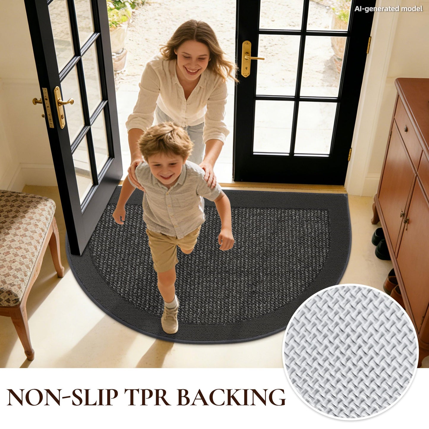 FLOORHUG Half Circle Door Mat Indoor Entrance Welcome, Non-Slip Washable Doormat, Trap Dirt and Moisture, Low Profile Mats for Indoor Entry, 32"x48", Dark Grey