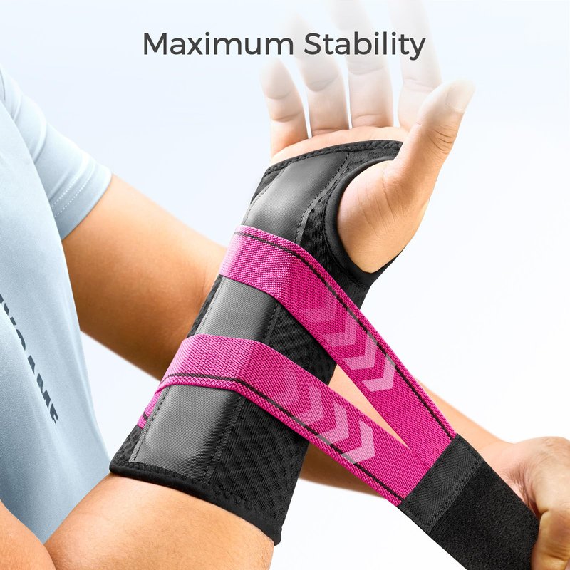 FREETOO Carpal Tunnel Wrist Brace Night Support Fit Right Hand for Work, Pain Relief Wrist Splint for Tendonitis, Arthritis, Wrist Stabilizer Brace Fit Women Men for Sleeping (L/XL, Black/Pink)