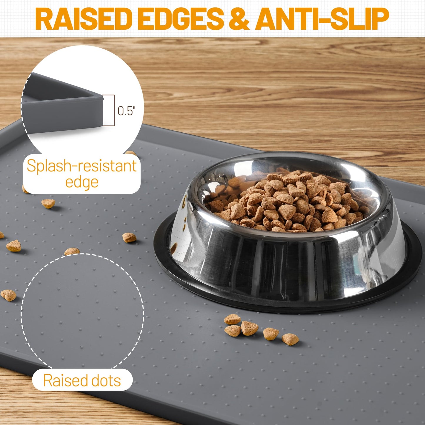 Hubulk Dog Feeding Mat,100% Waterproof BPA Free Silicone Pet Food and Water Bowl Placemat,Dishwasher, High Raised Edge to Prevent Spills,Nonslip Tray to Stop Messes on Floor (19"x12"x0.5", Grey)