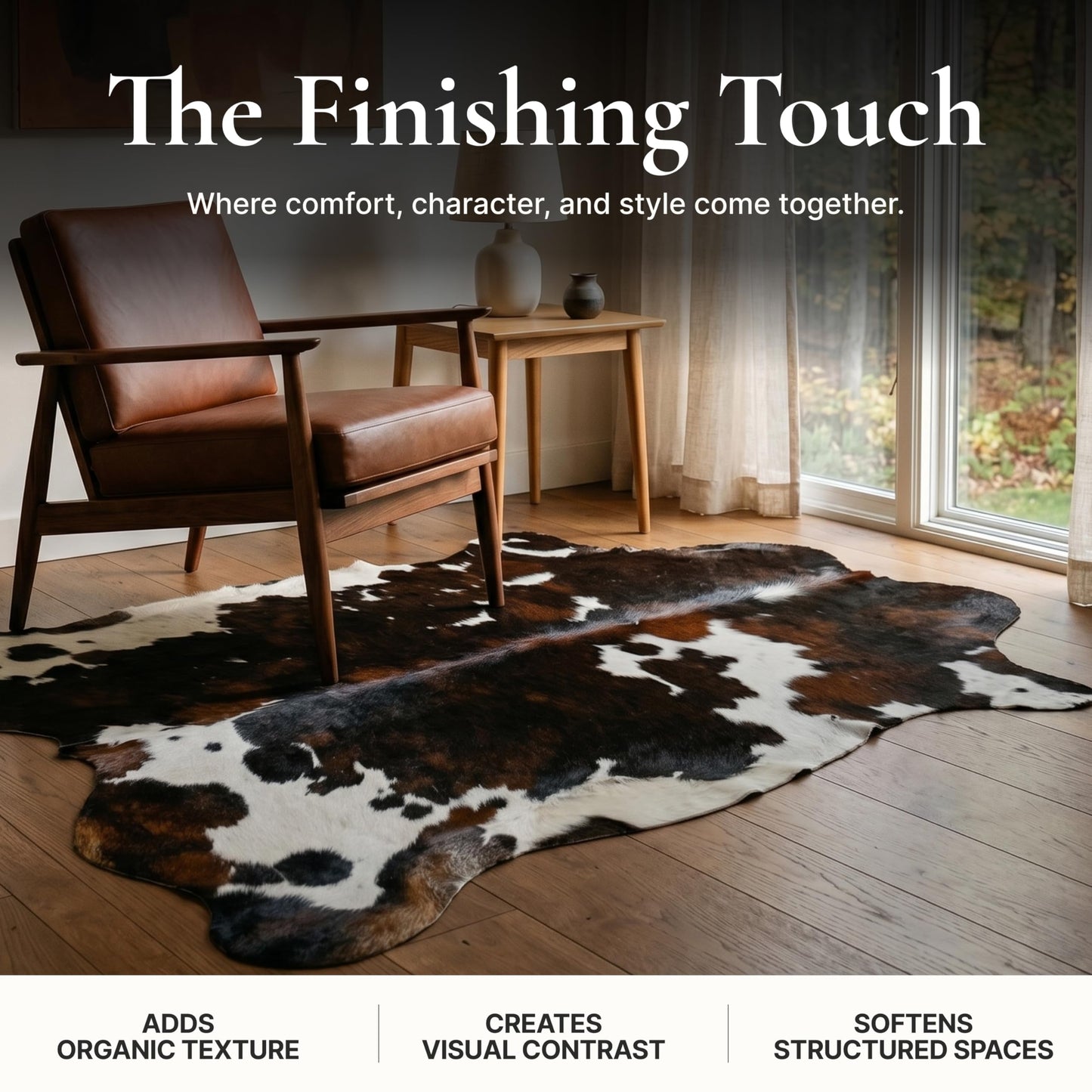 Appaloosa Cowhides Luxury Cowhide Rug 6x7-8ft - Genuine Natural Hide Rug, Silky Soft Tricolor Designer Area Rug for Living Room, Bedroom & High-End Modern Interiors (Dark Tricolor)