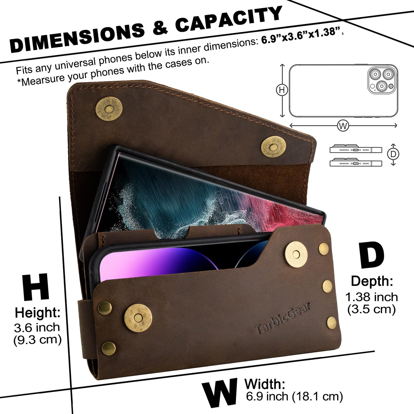 TarbicGear Leather Double Phone Case for Two Phones, Double Phone Holster for Men Belt, Belt Clip Dual Phone Pouch for iPhone 16 Pro Max, Samsung Galaxy S23 Ultra, for Work, Construction, Large Brown