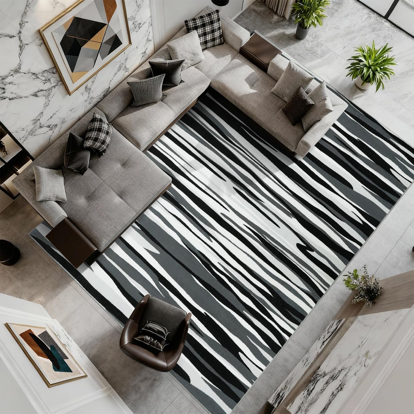 YIHOUSE 5×7 Ft Area Rugs for Living Room: Modern Abstract Black Grey and White Rug - Nonslip Washable Striped Rug for Bedroom Dining Room Office Playroom Nursery Home Decor