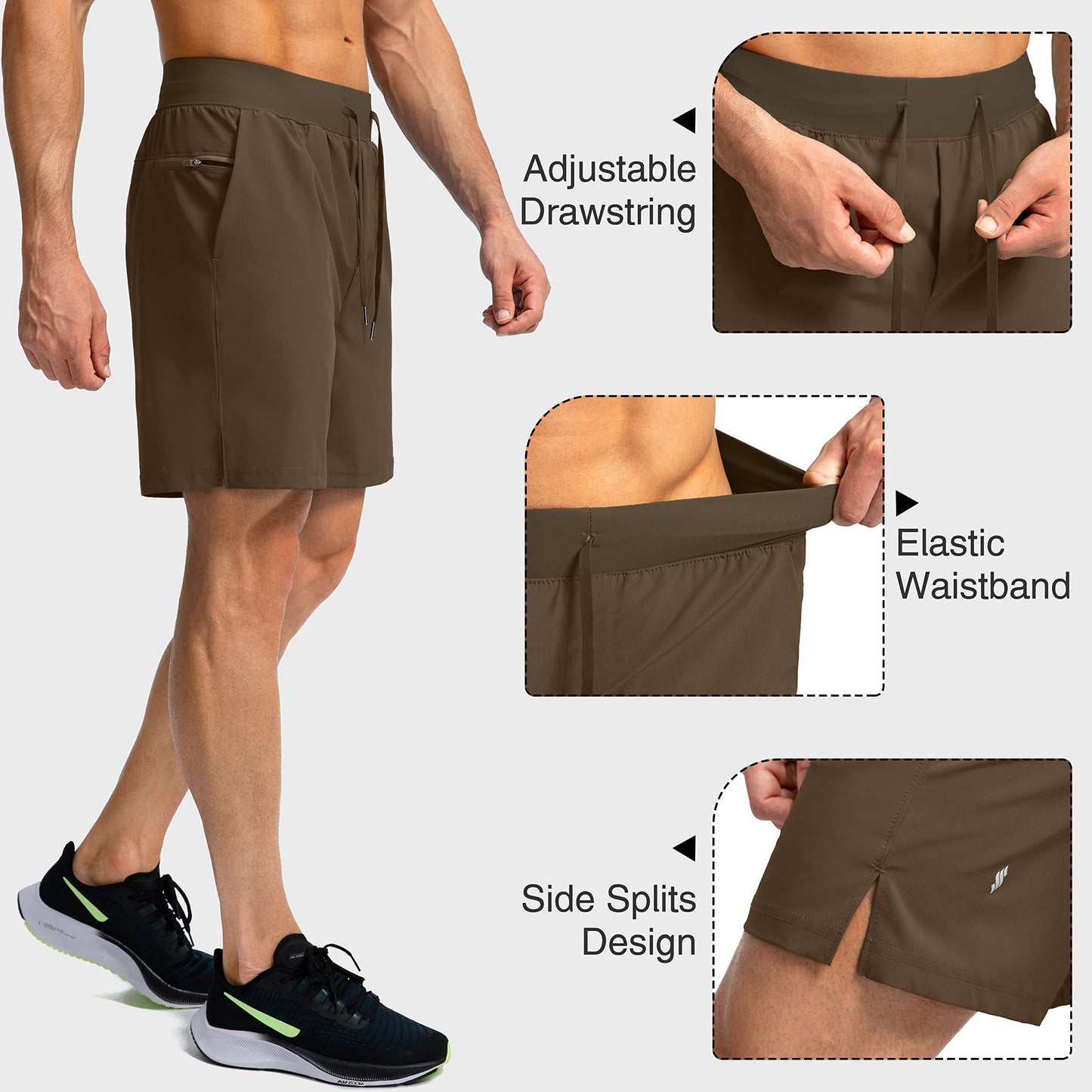 Soothfeel Men's Running Shorts with Zipper Pockets 7 Inch Lightweight Quick Dry Gym Athletic Workout Shorts for Men (Brown, M)