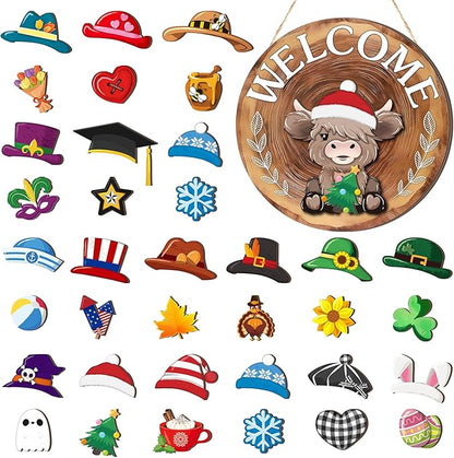 35 Pcs Christmas Interchangeable Highland Cow Welcome Sign Highland Cow Seasonal Wooden Hanging Door Decor Thanksgiving Farmhouse Hanging Sign for Front Door Xmas Party Decoration Gift(Red Brown)