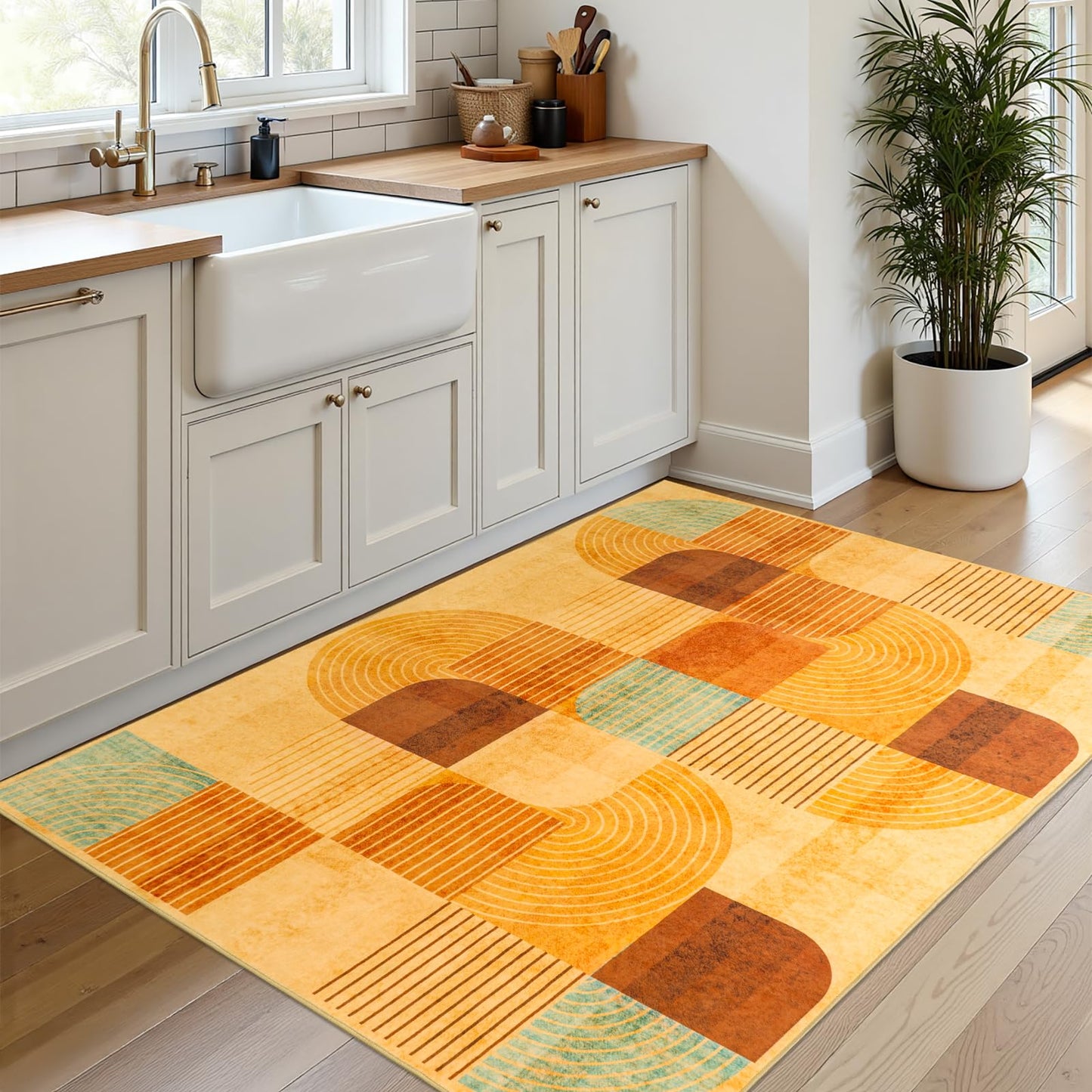 Ailyei Large 3x5 Entryway Rug Indoor, Soft Non Slip Washable Modern Geometric Kitchen Rugs, Low-Pile Boho Floor Mat for Entrance, Bedroom, Living Room, Bathroom (Orange, 3x5 ft)