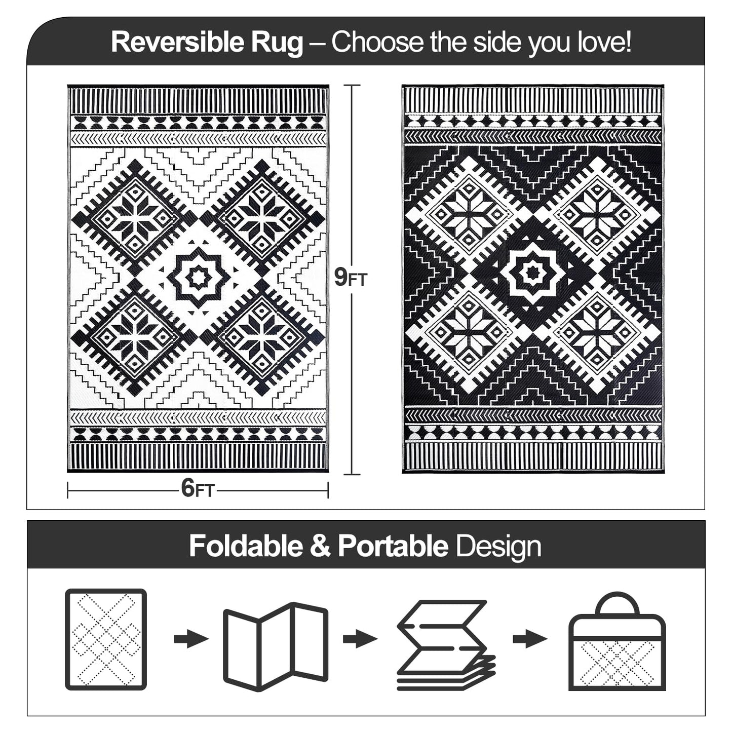 Waterproof Outdoor Rug 6x9ft, Boho Reversible Plastic Straw Mat for Patio RV Deck Porch Backyard Balcony Camping Picnic Beach Indoor Outdoor Carpet, Black&White