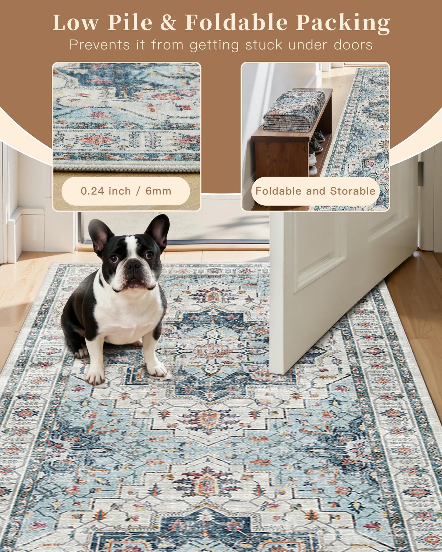 Madane 3x20 Hallway Runner Rug - Extra Long Carpet Runners for Hallways 20ft Non Slip Stain Resistant Rugs Runner for Living Room Bedroom 20 Feet Distressed Floor Carpet for Kitchen, Blue