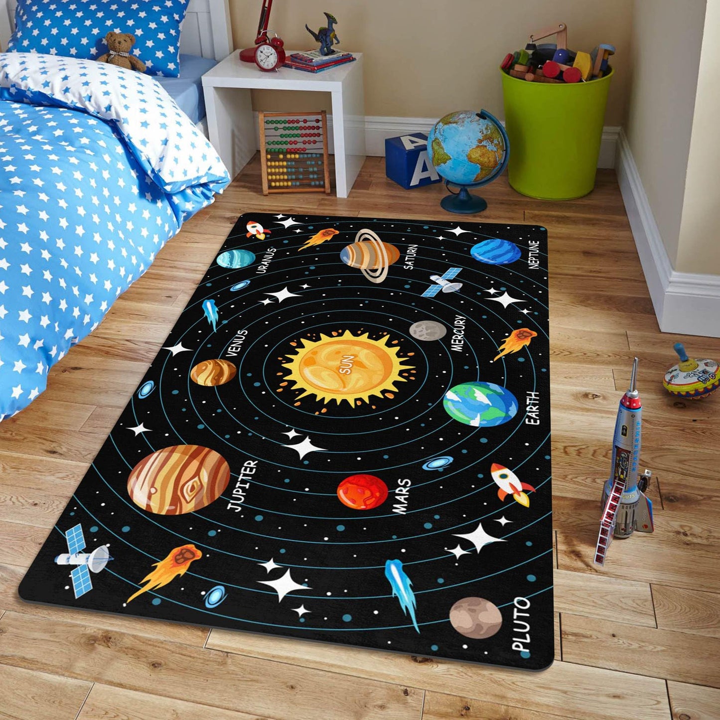 Kids Carpet Outer Space Rug, Solar System Mat 3x5 FT, Fun Game Boy Girl Kids Rug Carpet for Children Bedroom, Space Area Floor Mat for Living Room Nursery Room Toddler Classroom Decor