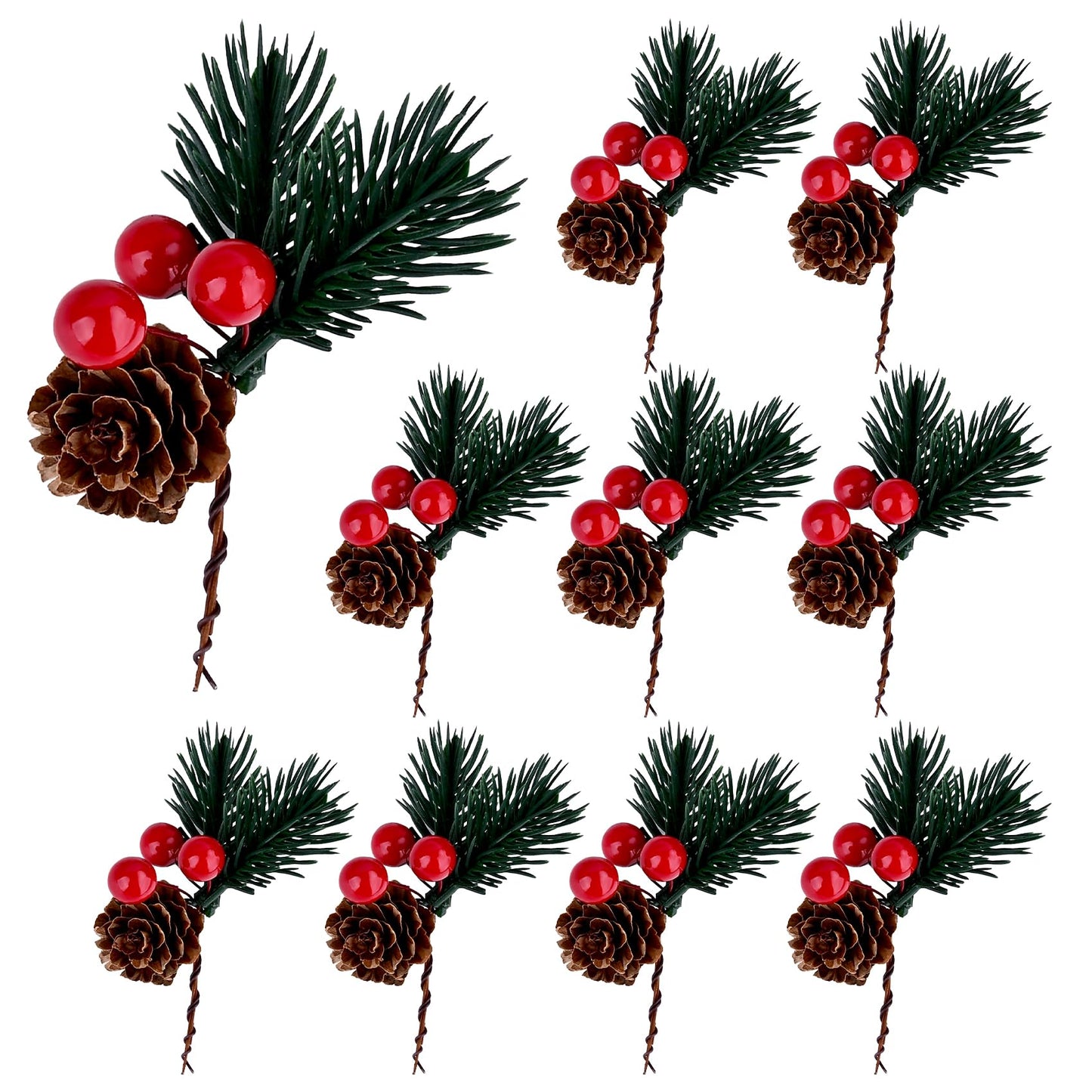 Prdingfy 10 PCS Christmas Snow Covered Pine Needles Branches with Red Berries, Christmas Floral Pick Mini Pinecone Picks for Holiday Wreath,Tree Ornaments