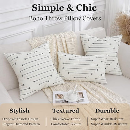 Mecatny Boho Outdoor Throw Pillow Covers 18X18 Set of 2, Farmhouse Decorative Pillow Covers for Couch Sofa Living Room, Beige & Grey