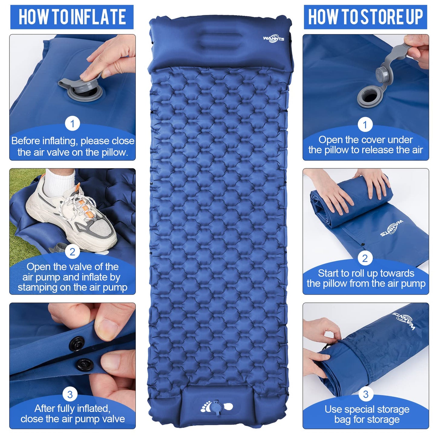 WANNTS Sleeping Pad, Ultralight Inflatable Sleeping Pad for Camping, Built-in Pump, Ultimate for Hiking - Airpad, Carry Bag,-Compact & Lightweight Camping pad(Blue)