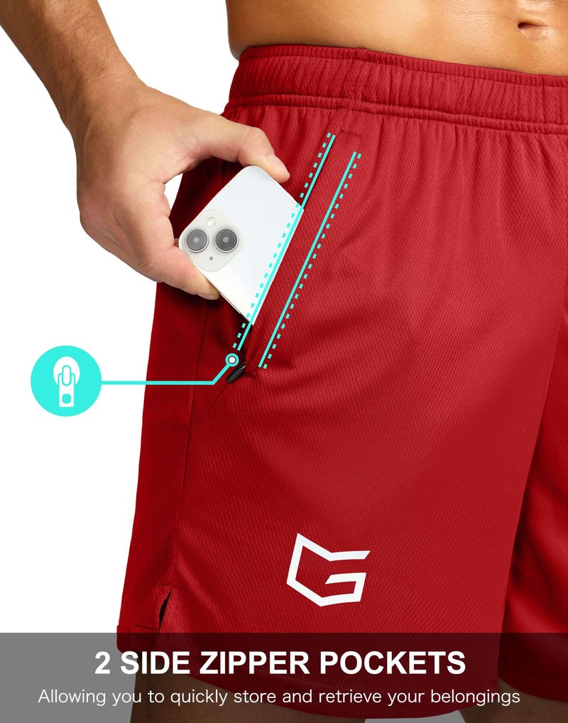 Men's 5" Workout Running Shorts Quick Dry Lightweight Gym Shorts with Zip Pockets(Red,L5_L)