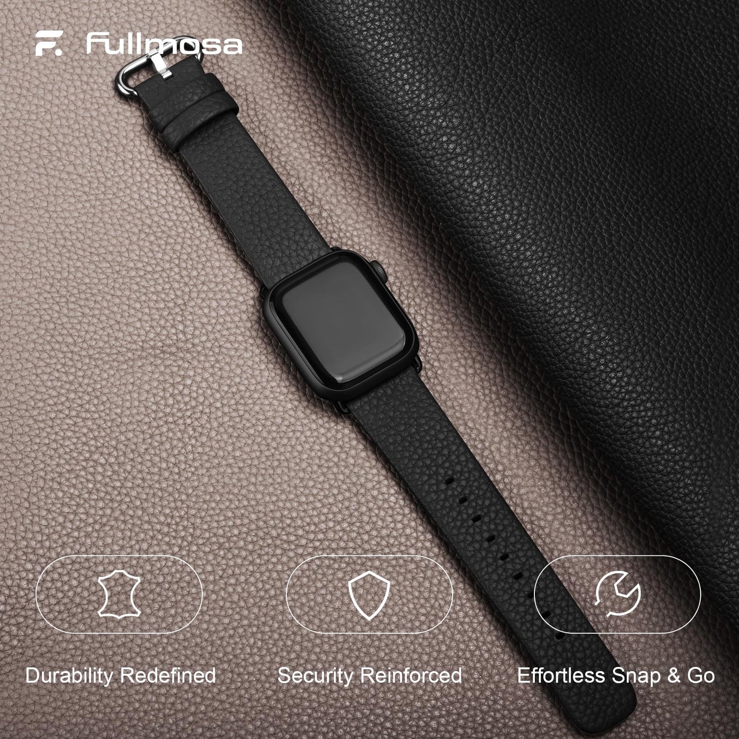 Fullmosa Leather Bands Compatible with Apple Watch Band 41mm 40mm 38mm 42mm 44mm 45mm 46mm 49mm Women Men for iWatch Series 11/10/9/8/7/6/5/4/3/2/1,Ultra3/2/1,SE3/2/1, 42mm 41mm 40mm 38mm, Black/Silver