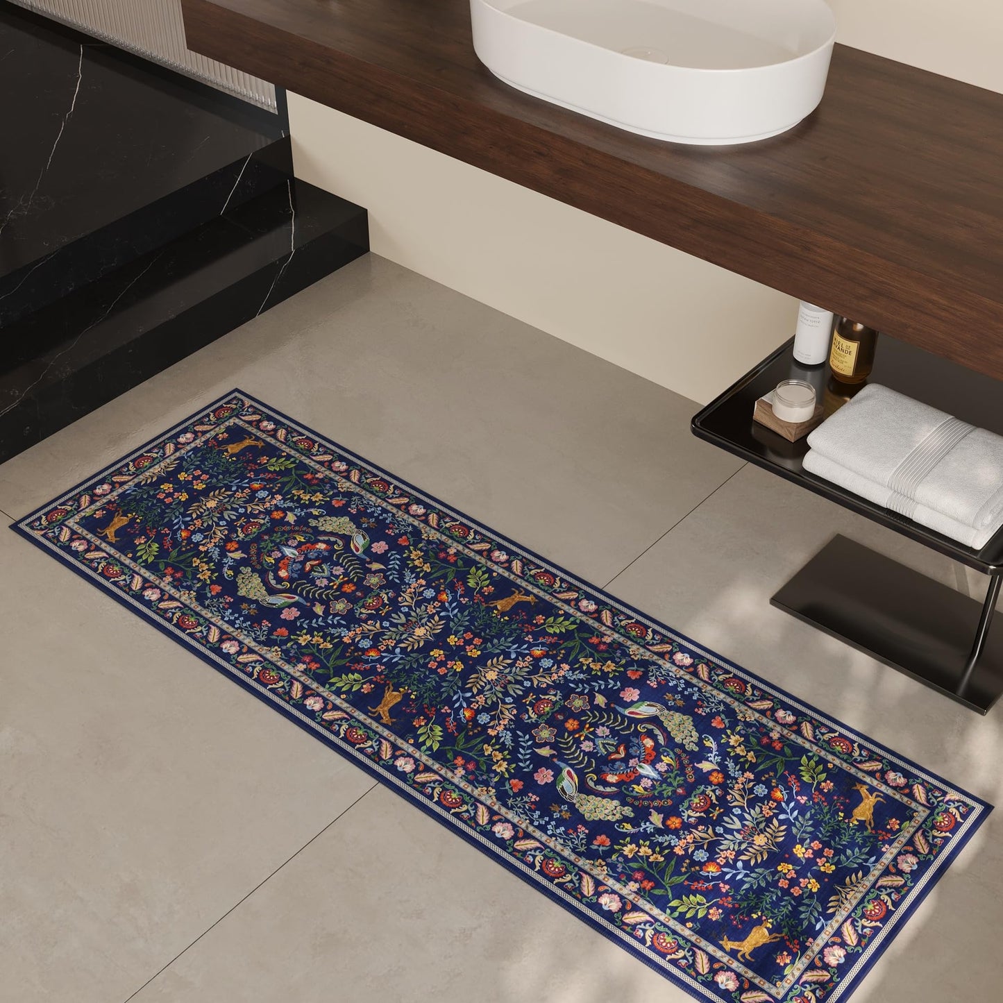 Rugcomf Runner Rug Washable Kitchen Runner 2'x 6'Runner Rug Floral Non-Slip for Entryway Indoor Soft Carpet Runner for Hallways, Kitchen, Laundry, Bedroom, Bathroom(Blue)