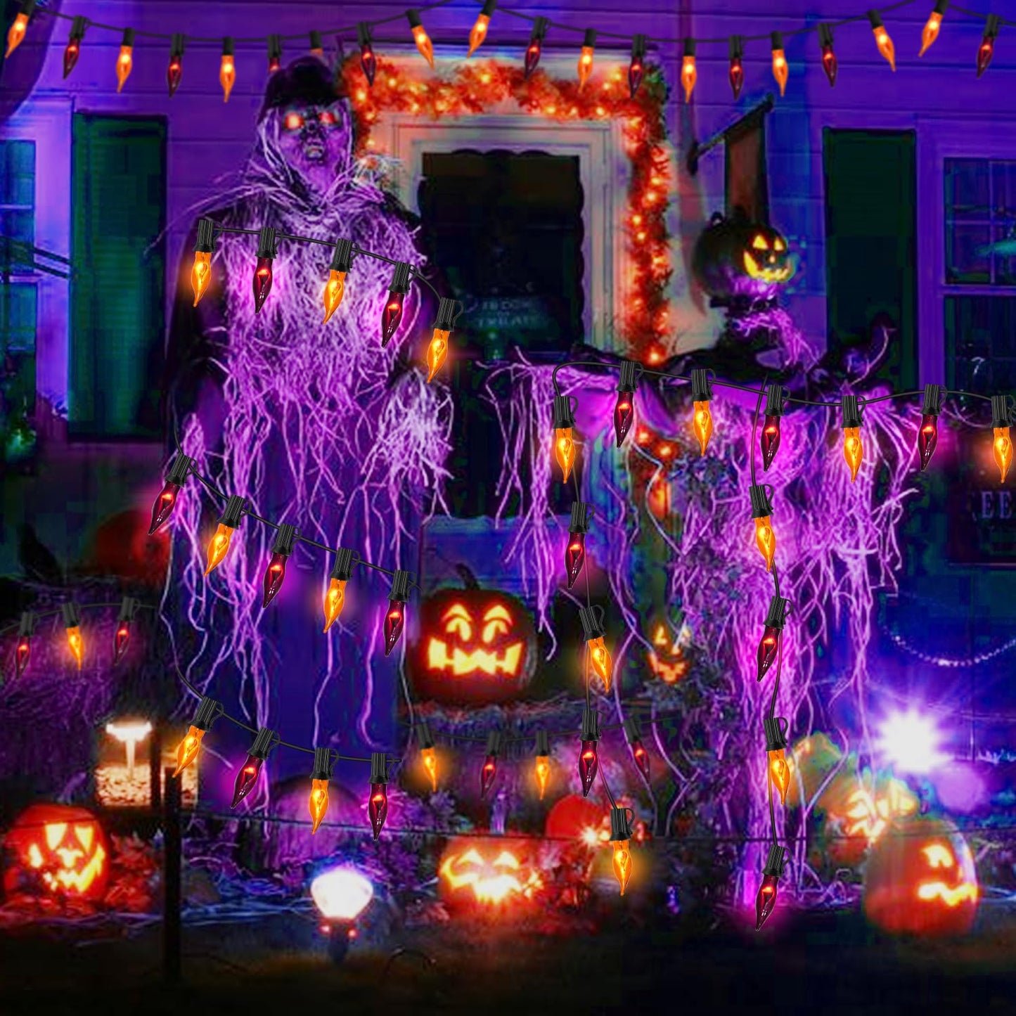 PASUTO Orange and Purple Halloween Lights - Flickering Flame String Lights, 12.8Ft Indoor Outdoor Halloween Lights C7 Retro Flame String Lights, Ideal for Fall Halloweens Decorations for Home Party