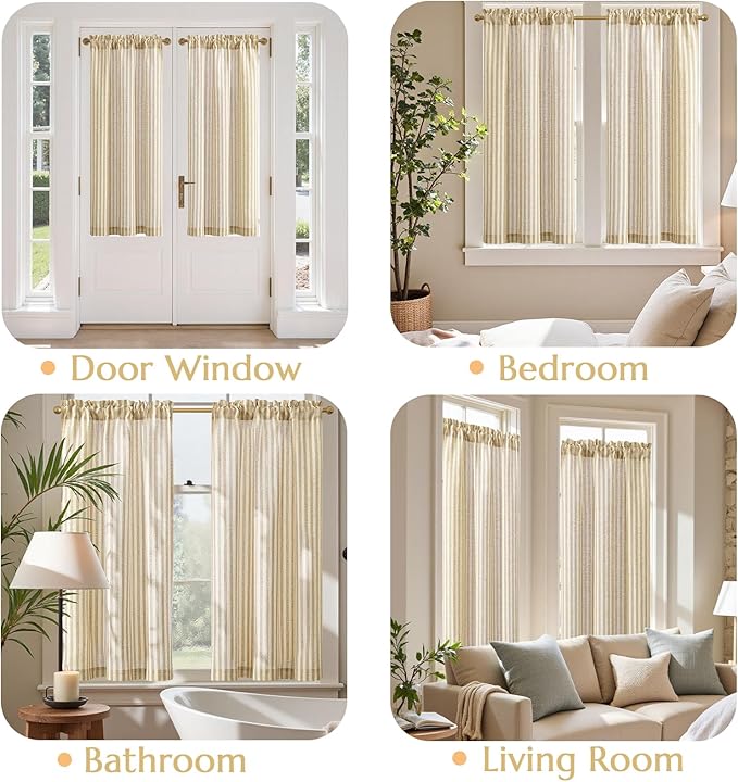 jinchan Striped Linen Kitchen Curtains 45 Inches Length Tier Curtains Farmhouse Modern Cafe Style Small Window Treatments Airy Light Filtering Rod Pocket for Living Room Bathroom 2 Panels Beige