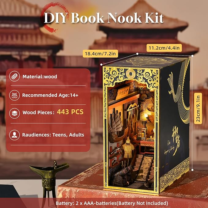 Book Nook Kit DIY Dollhouse Booknook Book Nook Miniature Kit for Bookshelf Insert Decor Crafts for Adults Teen Halloween 3D Wooden Puzzle with Led Light (The Emperor's Study)