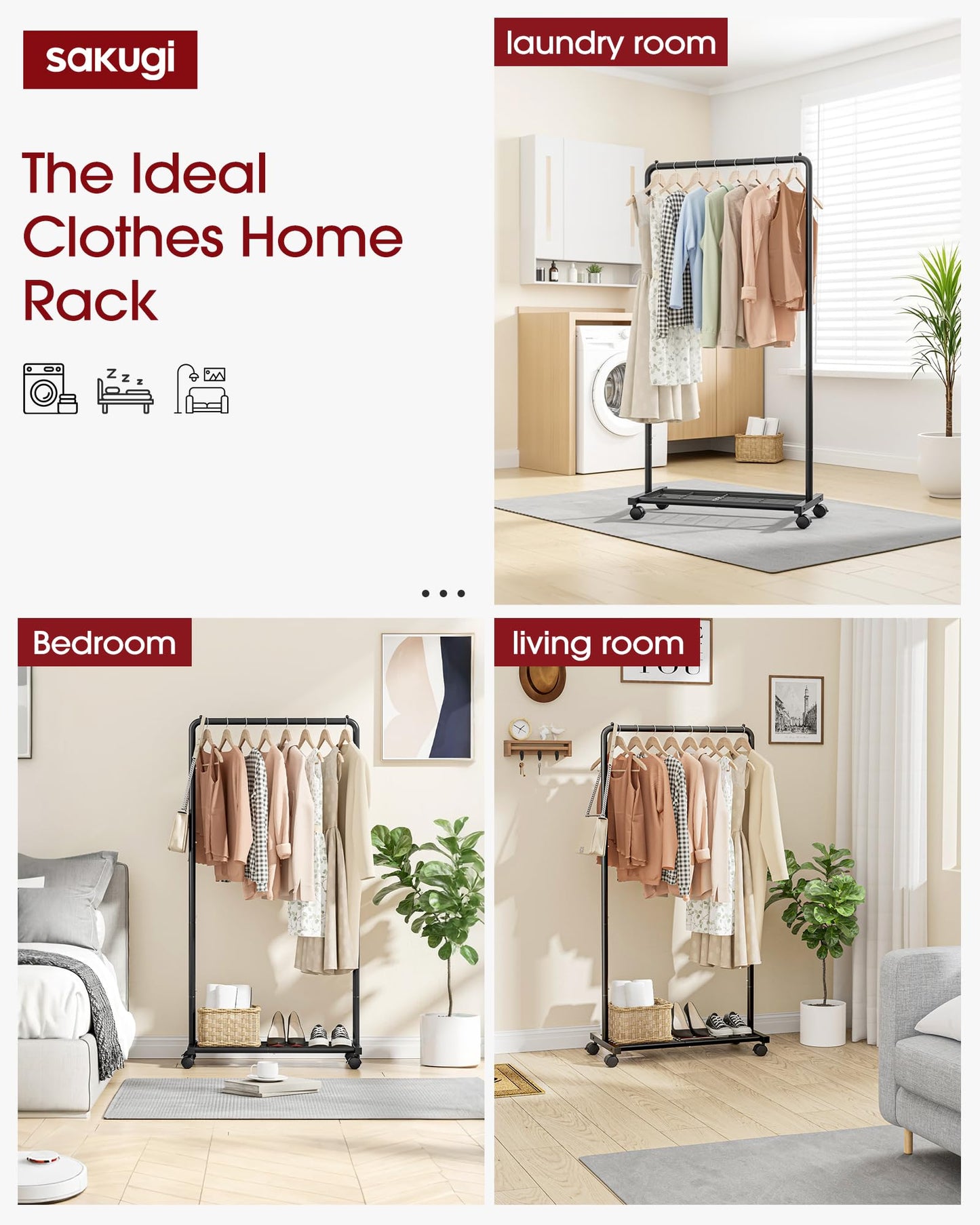 Sakugi Clothes Rack - Clothing Rack with Storage Mesh Shelf & Casters, Heavy-Duty Metal Clothing Rack for Hanging Clothes, Dresses, Coats, Large Load Capacity, Easy Assembly, Black, 28.0"x14.0"x59.0"