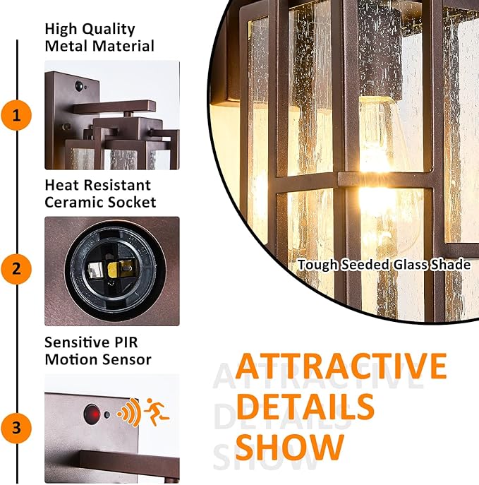 Motion Sensor Outdoor Wall Light Fixture, Dusk to Dawn Porch Light Oil Rubbed Bronze Exterior Lighting with Seeded Tempered Glass, Waterproof Outside Wall Mount Coach Lamp for House, Patio, Garage