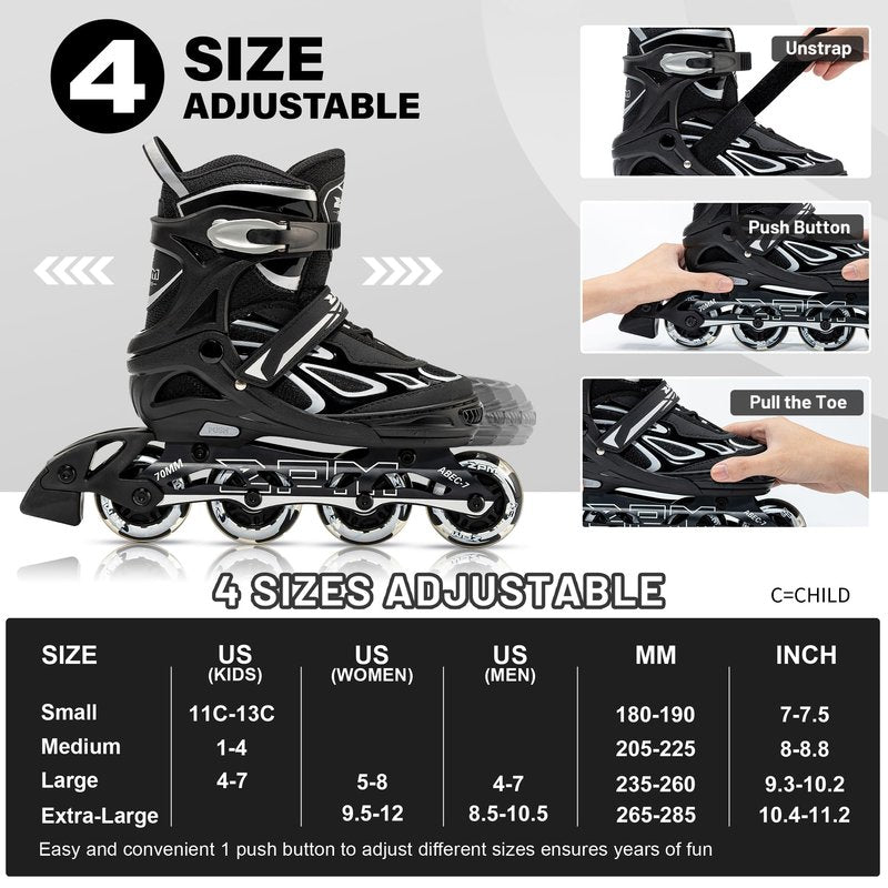 2PM SPORTS Vinal Girls Adjustable Flashing Inline Skates, All Wheels Light Up, Fun Illuminating Skates for Kids and Men - Sliver M