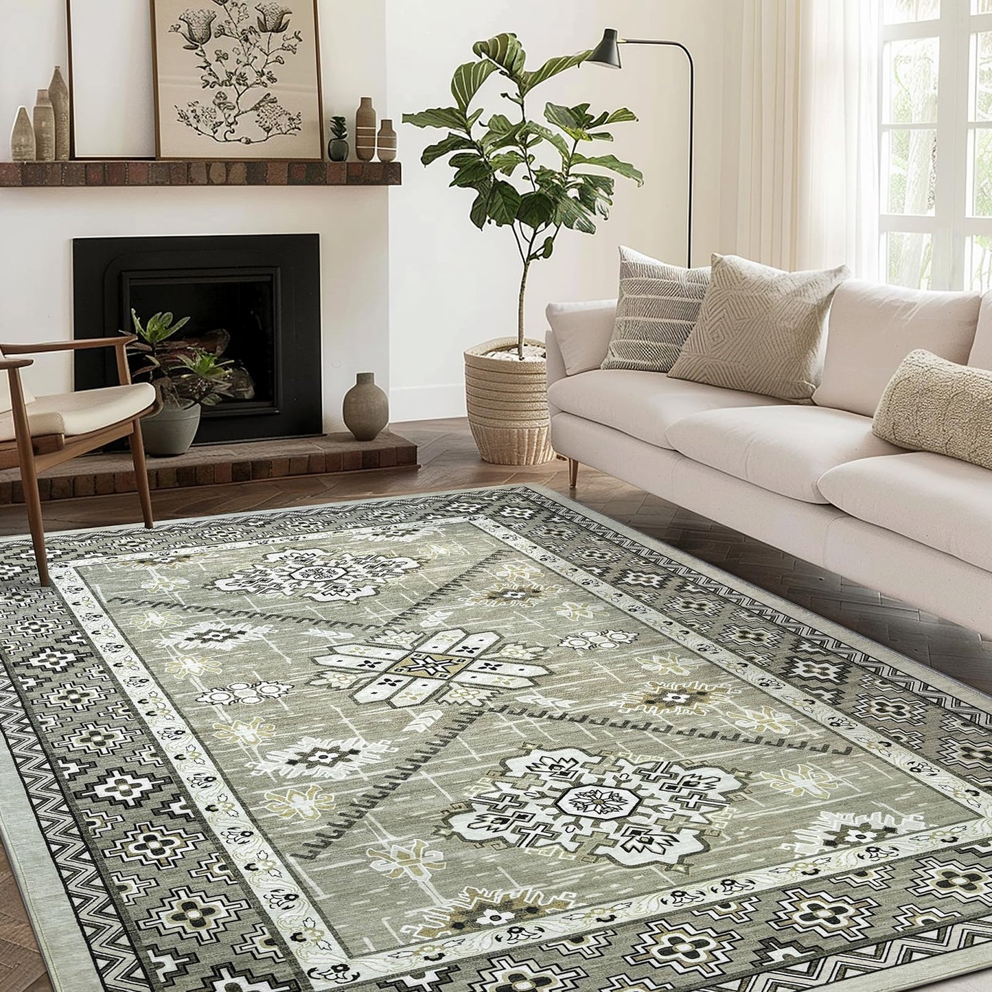 Boho Washable Area Rug 5x7, Large Soft Rugs for Living Room Farmhouse Vintage Beige Carpet 5x7 Area Rugs for Bedroom Dining Room Non-Slip Stain Resistant Under Table Rug