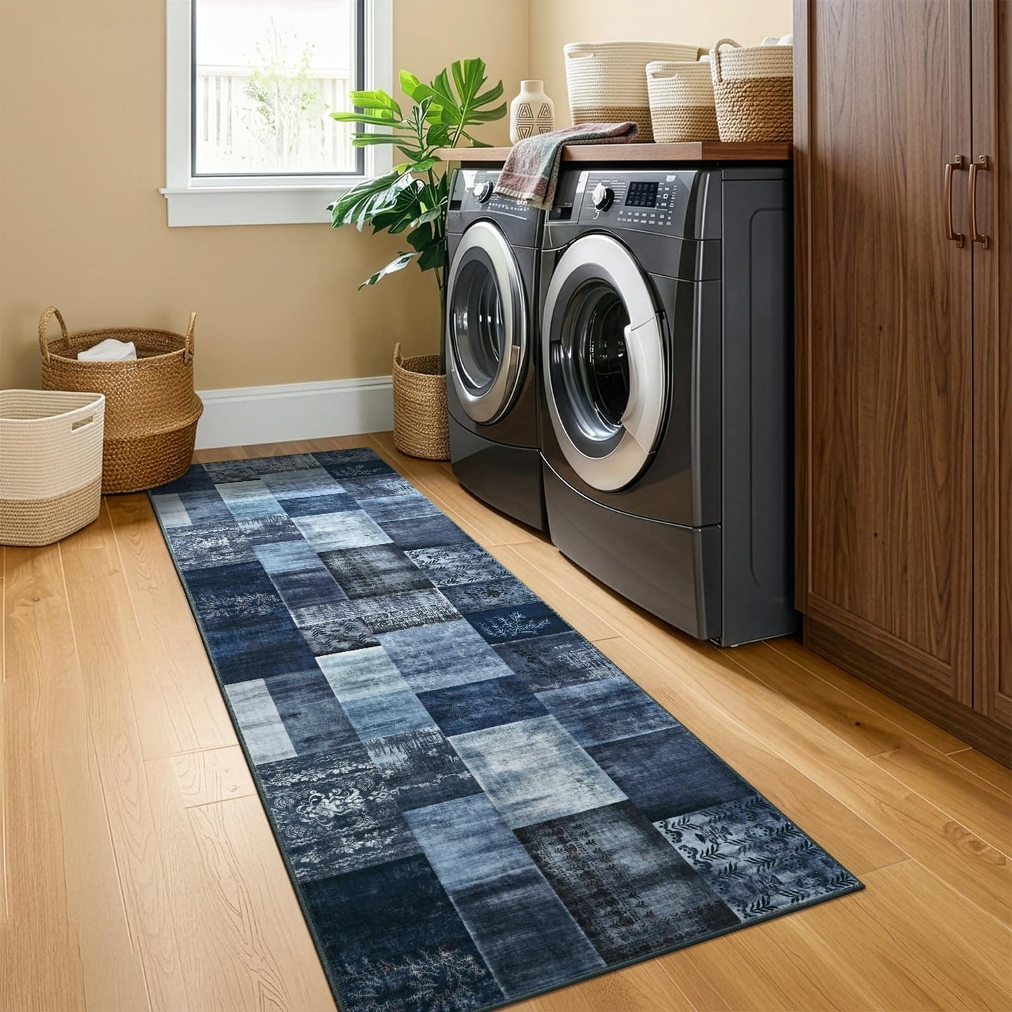 DweIke Runner Rug for for Hallways, 2'x6' Washable Kitchen Rugs with Non Slip Rubber Backing, Soft Low Pile Non-Shedding Geometric Carpet for Laundry Bedroom Bathroom, Navy Blue