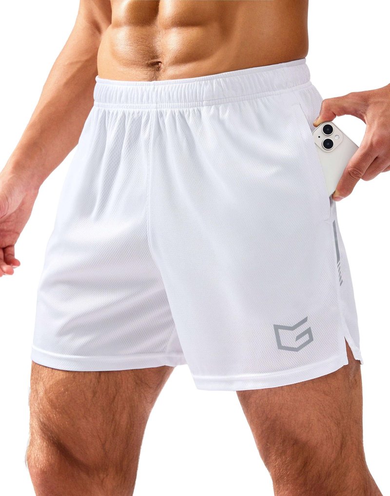 G Gradual Men's Gym Shorts 5"/7"/10" with Zipper Pockets Basketball Athletic Mesh Quick Dry Shorts for Workout Running Tennis (5 inch, White, XX-Large)