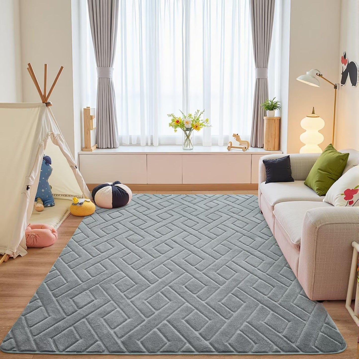 Flagover 3x5 Grey Washable Area Rug for Bedroom, Modern Geometric Shag Non-Slip Living Room Rugs, Fluffy Plush Soft Memory Foam Carpet for Kids Boys Room Nursery Room Dorm Bedside Decor