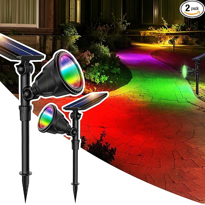 JSOT 2 Pack Halloween Color Solar Spot Light for Yard, RGB Solar Light Outdoor Waterproof Color Changing Spotlight Landscape Uplighting with 9 Lighting Options Decor for Backyard Walkway Tree Lawn