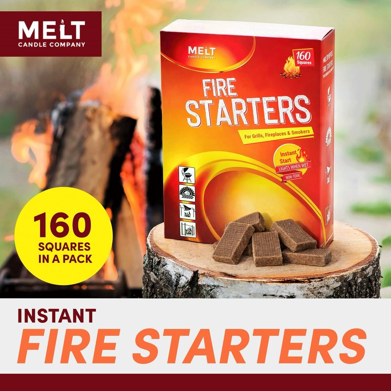 Fire Starter Squares, 160 pcs - Charcoal Fire Starters for Campfires, Grill, Outdoor Pit, Fireplace, Wood Stove, BBQ - Firestarter Sticks, Water Resistant & Odorless - Camping Accessories Essentials