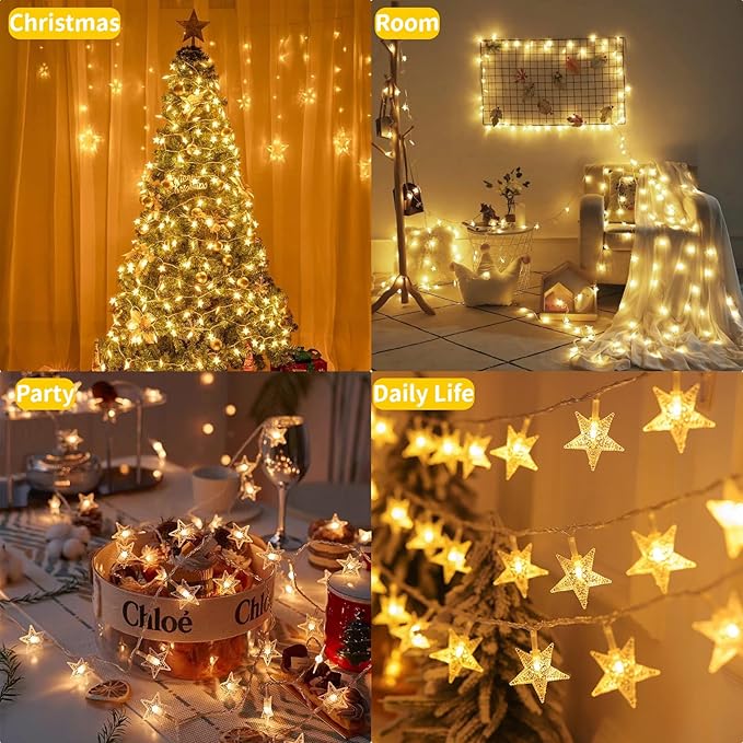 Star String Lights 17 ft 50 LED Battery Operated, Fairy Lights for Bedroom, String Lights for Kids Bedroom Wedding Mantel Patio Christmas Holiday Dorm Decor, Warm White