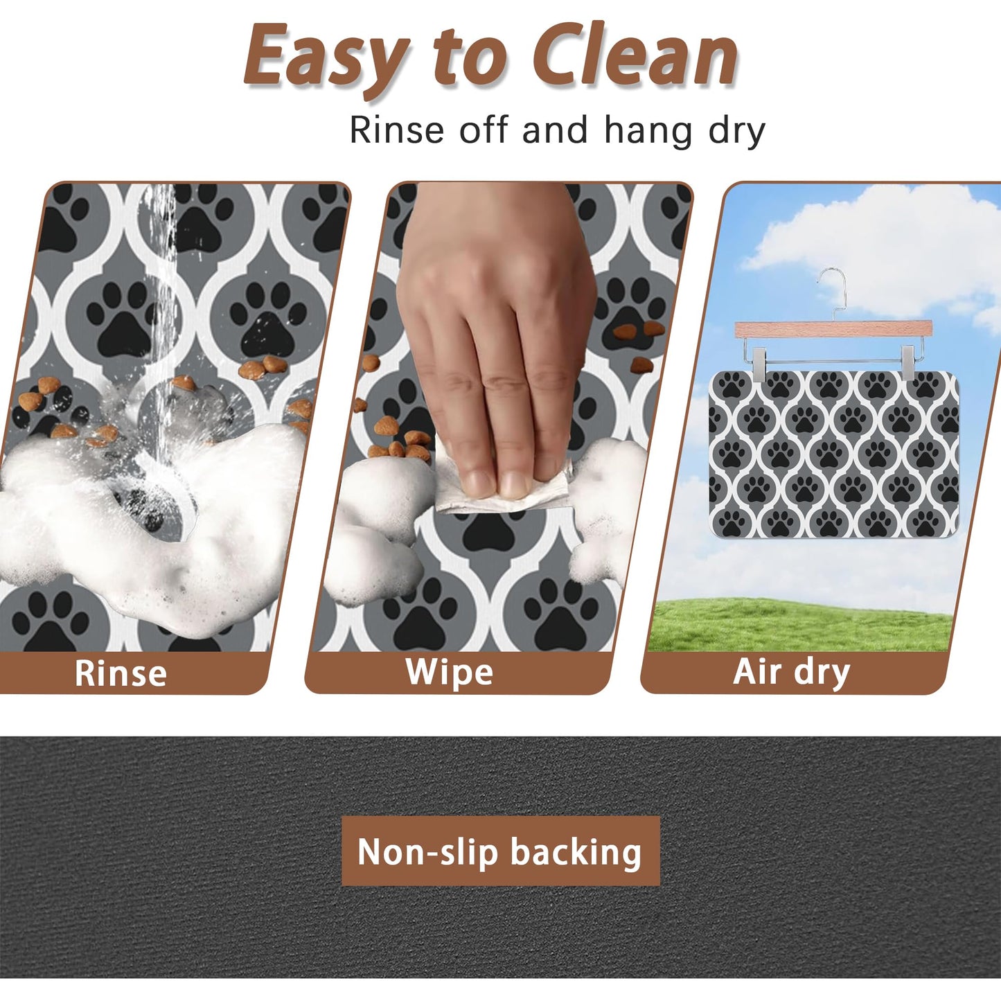 Gray Paw Print Geometric Dog Cat Food Mat,Absorbent Pet Feeding Mat for Food and Water,Non-Slip Dog Bowl Mats Floor Protector 12"x20"