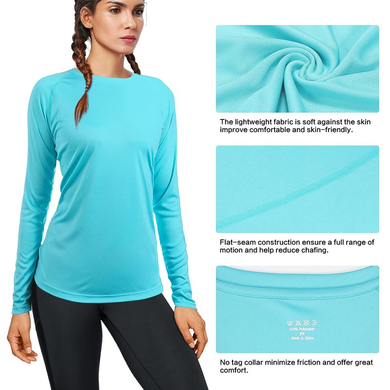 isnowood Womens Long Sleeve Rash Guard, UV UPF 50+ Sun Protection Shirts, Quick Dry Lightweight Tops for Swimming Workout Hiking Running Blue