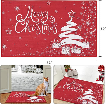 CAROMIO Christmas Welcome Mat 20x32 Inch - Xmas Decorative Doormat with Christmas Tree & Snowflake Pattern - Non Slip, Holiday Outdoor/Indoor Entrance Floor Mat