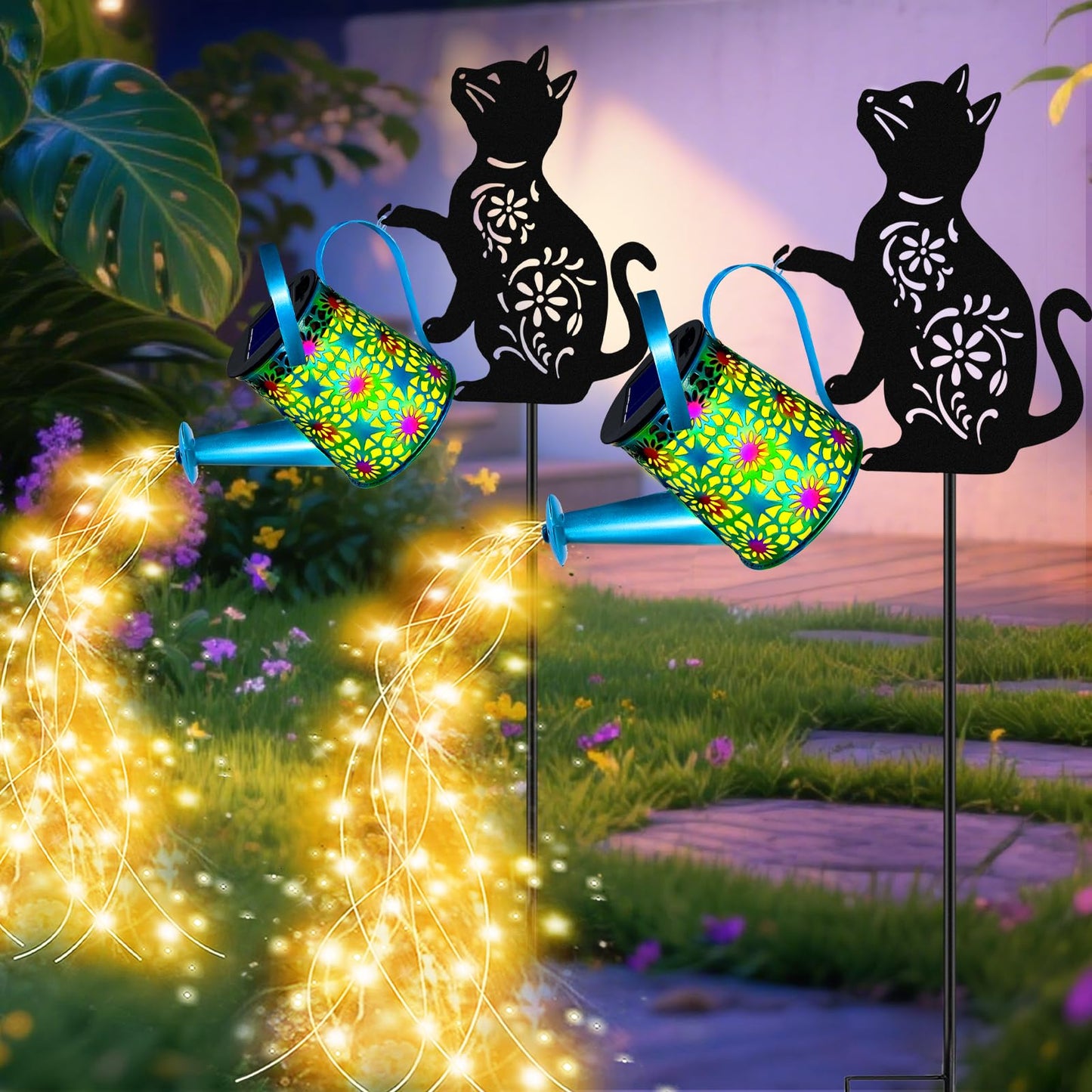 yulloyello Black Cat Solar Watering Can Lights, Birthday Gifts for Women Mom Christmas, Yard Decorations Outdoor Waterproof, Blue Metal Hanging Lantern Solar Lights Garden Decor Patio Pathway, 2 Pack