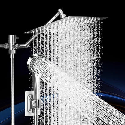 Shower Head, Rain Shower Head with Handheld Spray Combo, 10 Inch Adjustable High Pressure Rainfall Shower Head, Dual Showerhead Set with Extension Arm and 60 Inch Long Shower Hose (Silver)