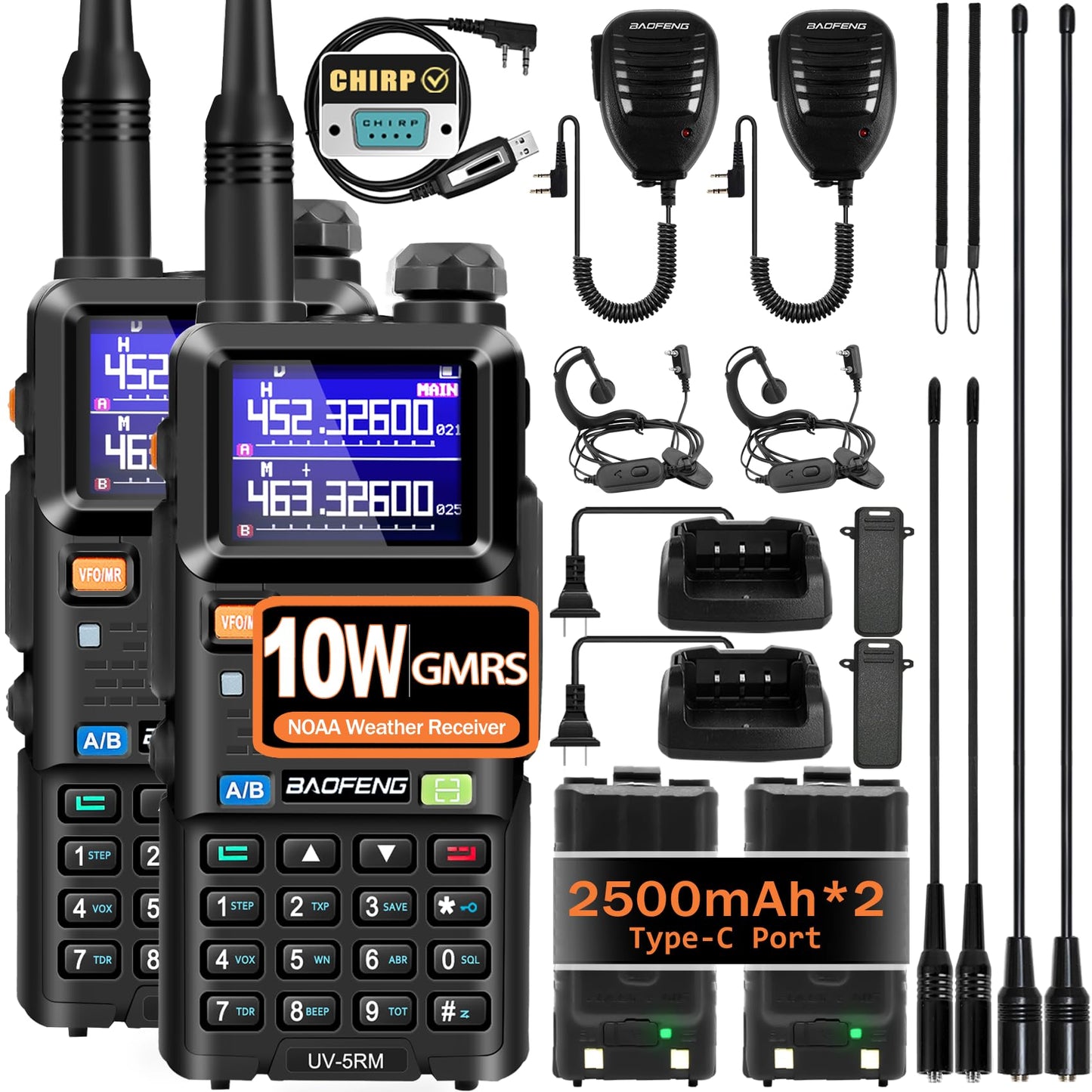 BAOFENG Radio Ham Radio Handheld Long Range UV-5RM 10W Upgrade of BAOFENG UV-5R, Rechargeable Two Way Radios with Chirp Compatible, 2500mAh USB-C Charging Battery for Survival Gear Camping, 2 Pack