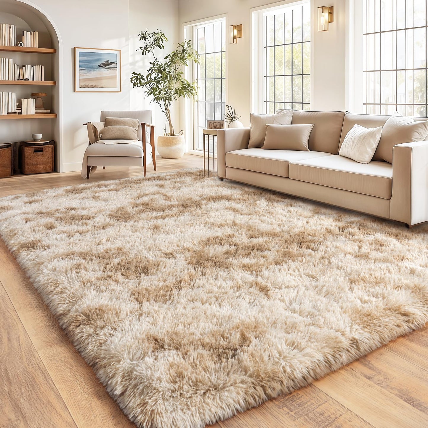 Large Plush Shaggy Rug High Pile Fluffy Rug for Living Room, Big Plush Non-Skid Shag Carpet, Soft Shaggy Rugs for Bedroom Indoor Modern Home Decor Tie Dye Camel 9x12ft