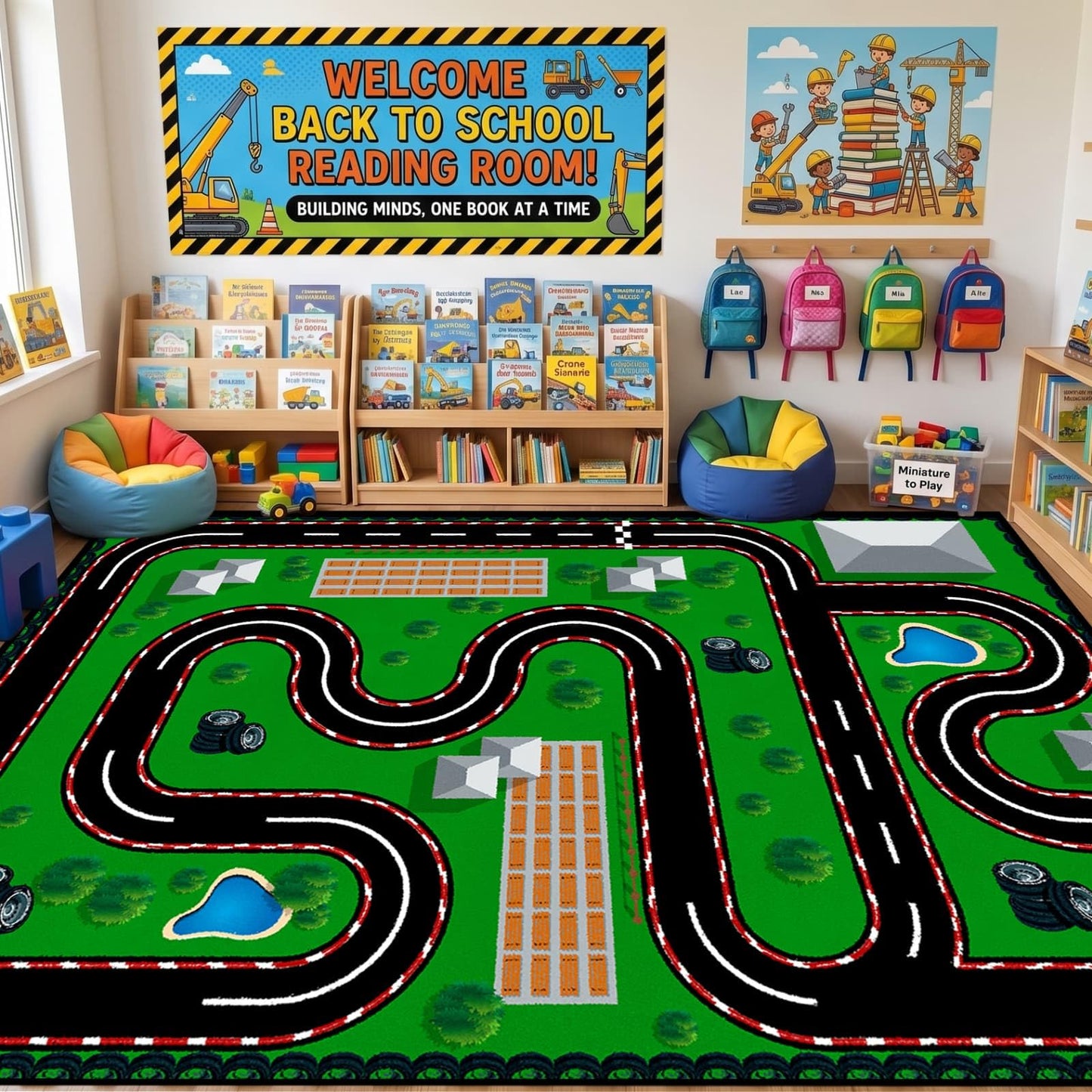 CRJMKS Non Slip Car Carpet for Kids Racing Road Car Playroom Mat, 2x3ft,Large Machine Washable Green Race Car Track Rug for Boy's Bedroom-Classroom Home Decor Soft Area Rugs