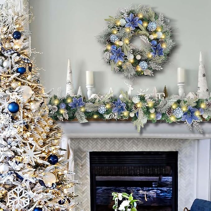 WANNA-CUL Pre-Lit 24 Inch Christmas Wreath for Front Door Silver Blue Lighted Christmas Door Wreath Decoration with Ball Ornaments, Poinsettia Flowers,Pine Cones, Battery Operated 30 LED Lights