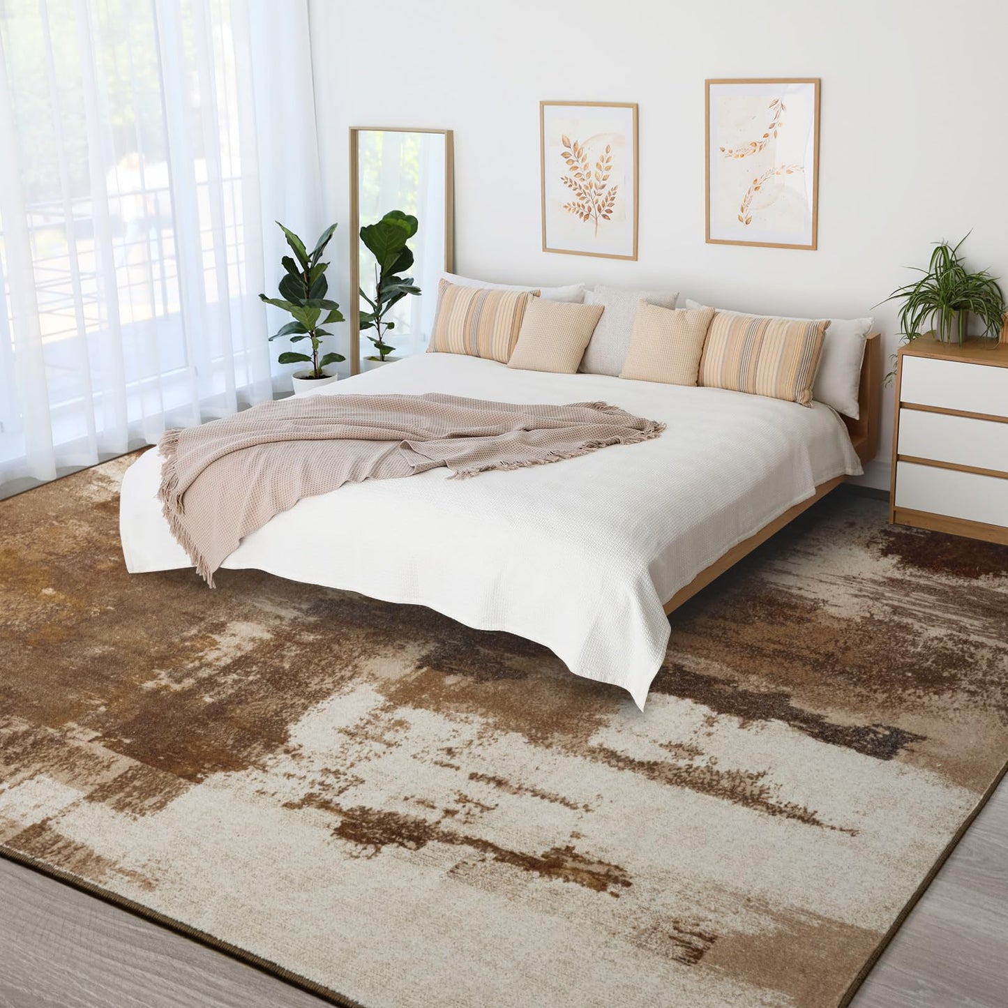 Kelarea Living Room Rug, 5x7 Rug Modern Abstract Washable Rugs Brown Foldable Faux Wool Vintage Carpets, Non Slip Rug for Bedroom, Dining Room, College Dorm, Kids Playroom, Home Office