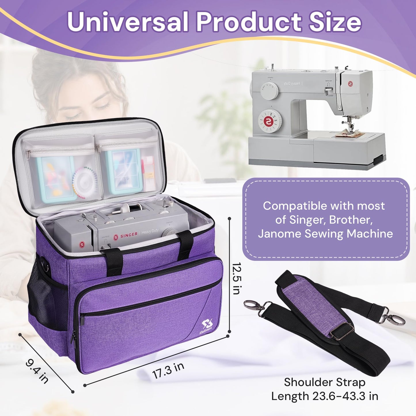 Golkcurx Sewing Machine Carrying Case with Removable Bottom Pad, Side Pocket for Sewing Kit Storage and Adjustable Shoulder Strap, Universal Sewing Machine Bag Fits Standard Singer, Brother, Janome